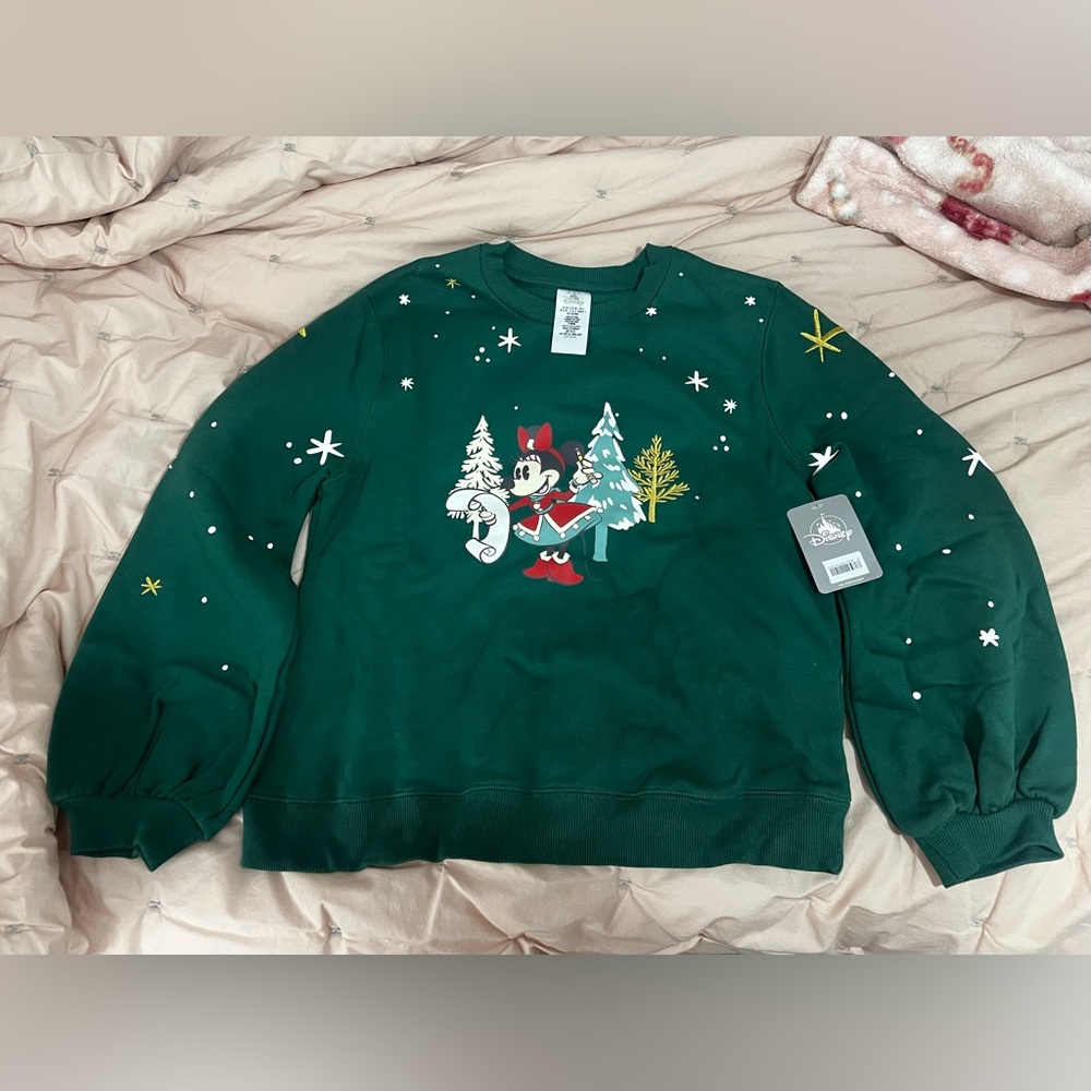 Disney Woman Green Crewneck Sweatshirt with Christmas Minnie Design Small